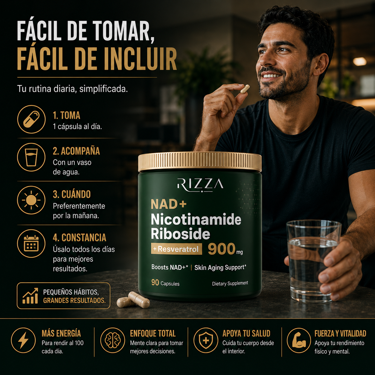 NAD+ Rejuvenecimiento Celular 900mg + Resveratrol Liposomal 90 Cápsulas