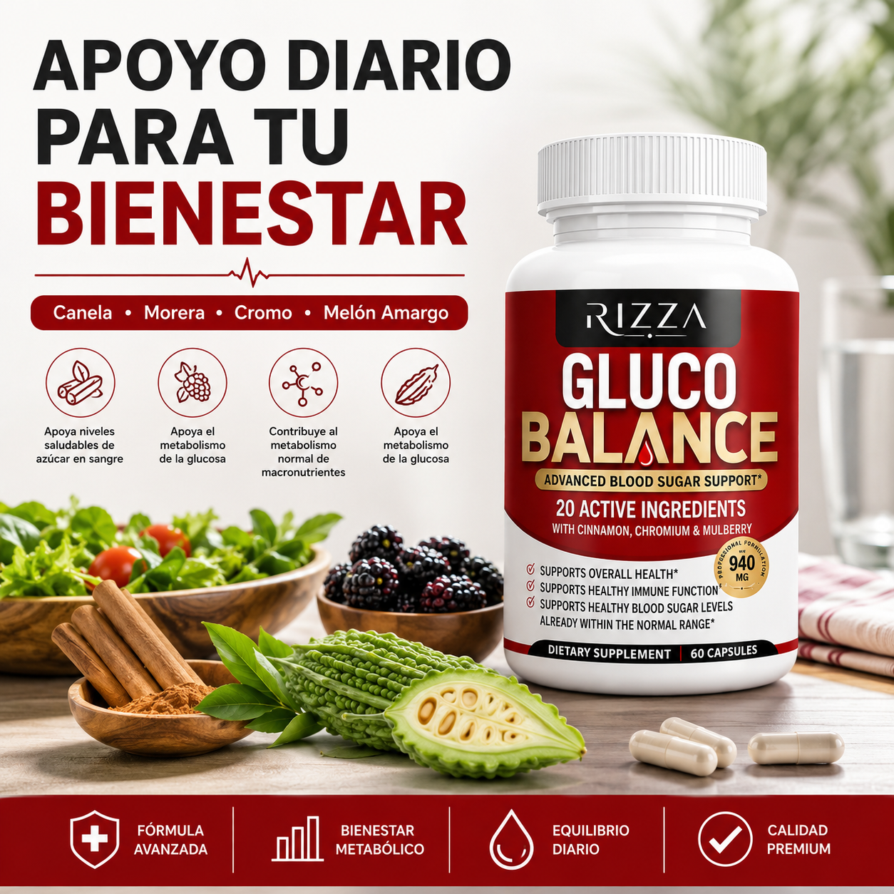 Gluco Balance | Canela, Melón Amargo, Cromo y Morera | 60 Cápsulas