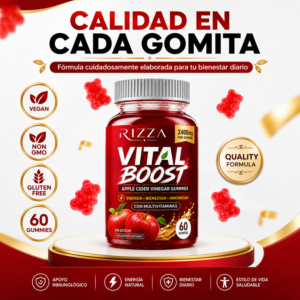 Vital Boost | Vinagre de Sidra de Manzana 2400 mg con Multivitaminas | 60 Gomitas.