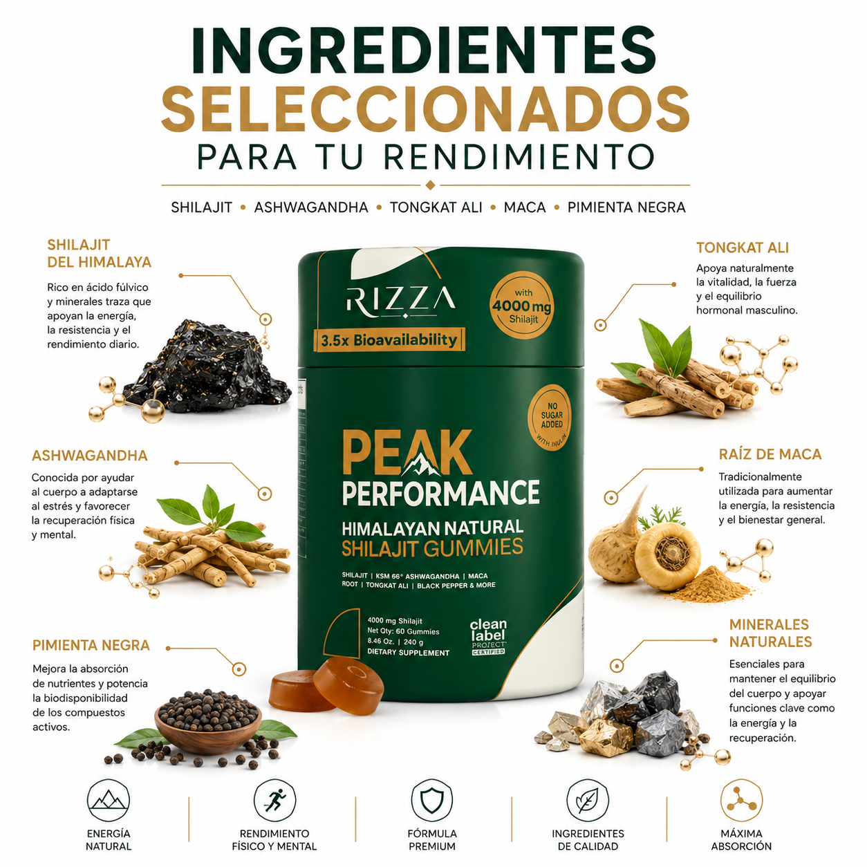 Peak Performance | Shilajit 10 en 1 para Hombres y Mujeres | 60 Gomitas