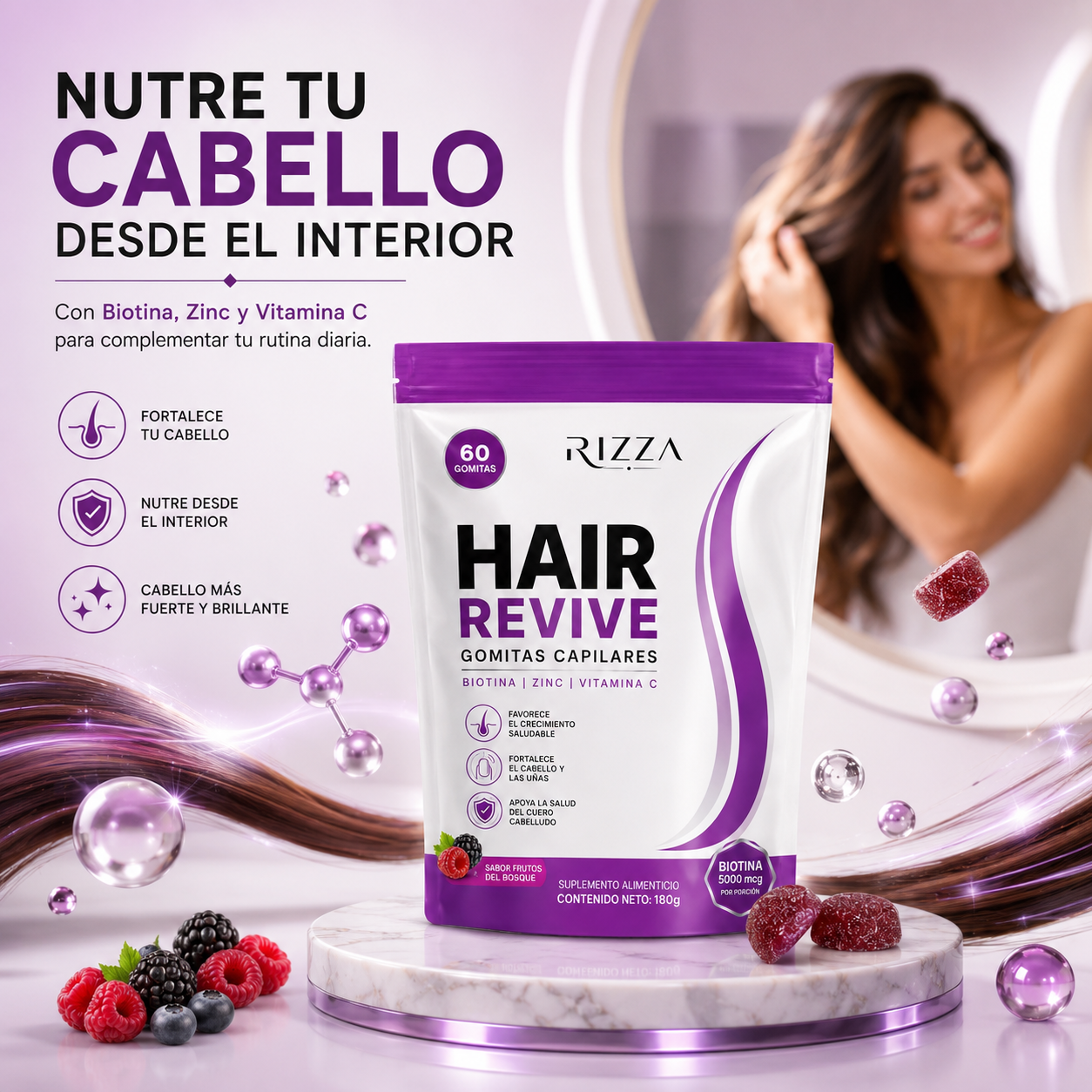 Hair Revive | Biotina 5000 mcg, Zinc y Vitamina C | 60 Gomitas