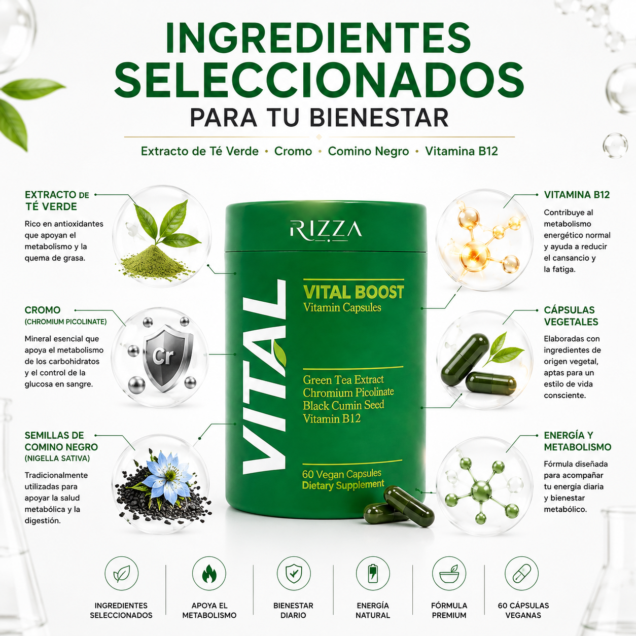 Vital Boost | Apoyo al Metabolismo con Té Verde, Cromo y Vitamina B12 | 60 Cápsulas Veganas
