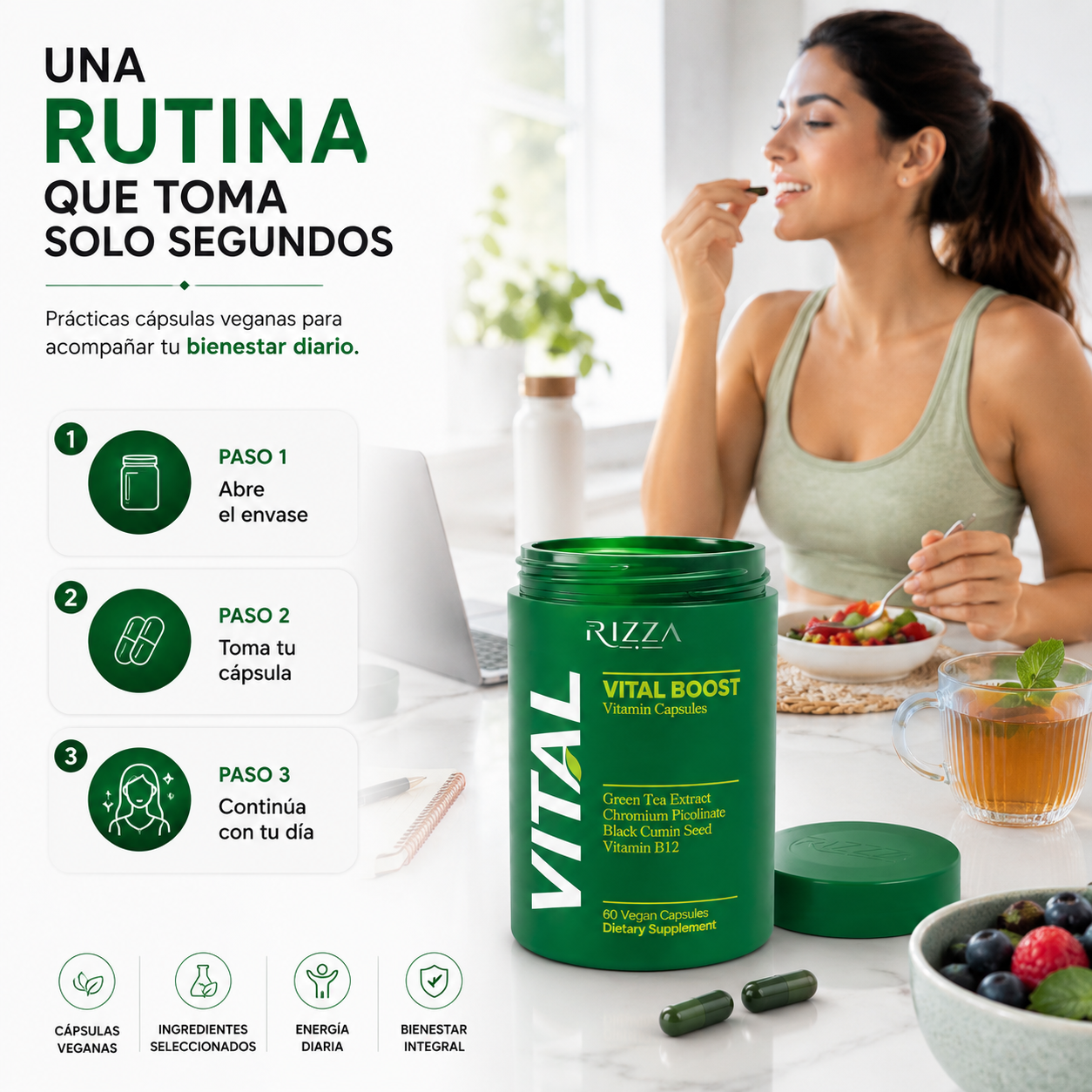 Vital Boost | Apoyo al Metabolismo con Té Verde, Cromo y Vitamina B12 | 60 Cápsulas Veganas