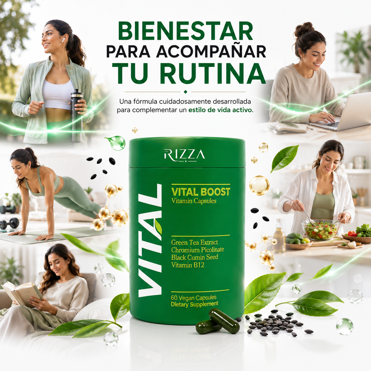 Vital Boost | Apoyo al Metabolismo con Té Verde, Cromo y Vitamina B12 | 60 Cápsulas Veganas
