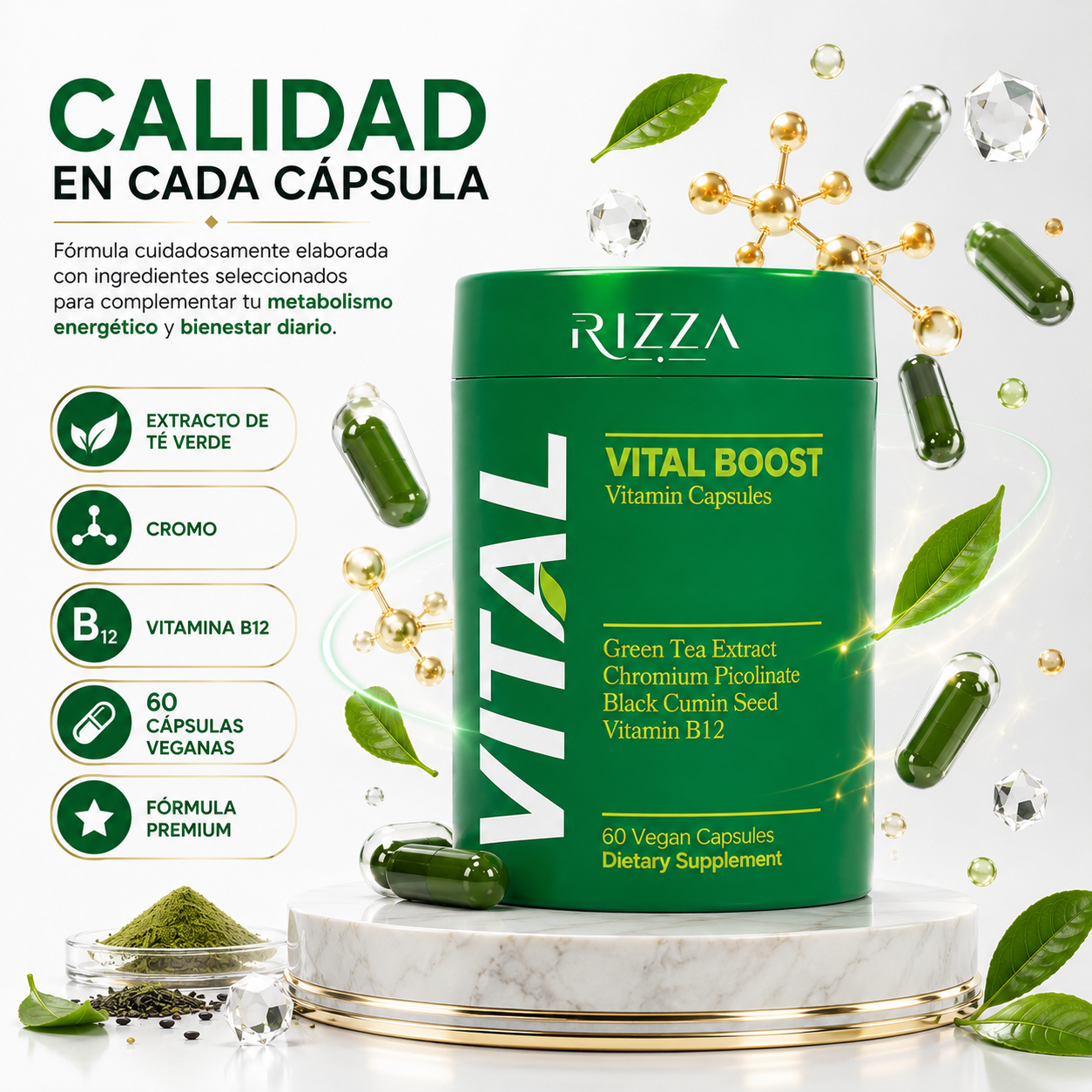 Vital Boost | Apoyo al Metabolismo con Té Verde, Cromo y Vitamina B12 | 60 Cápsulas Veganas