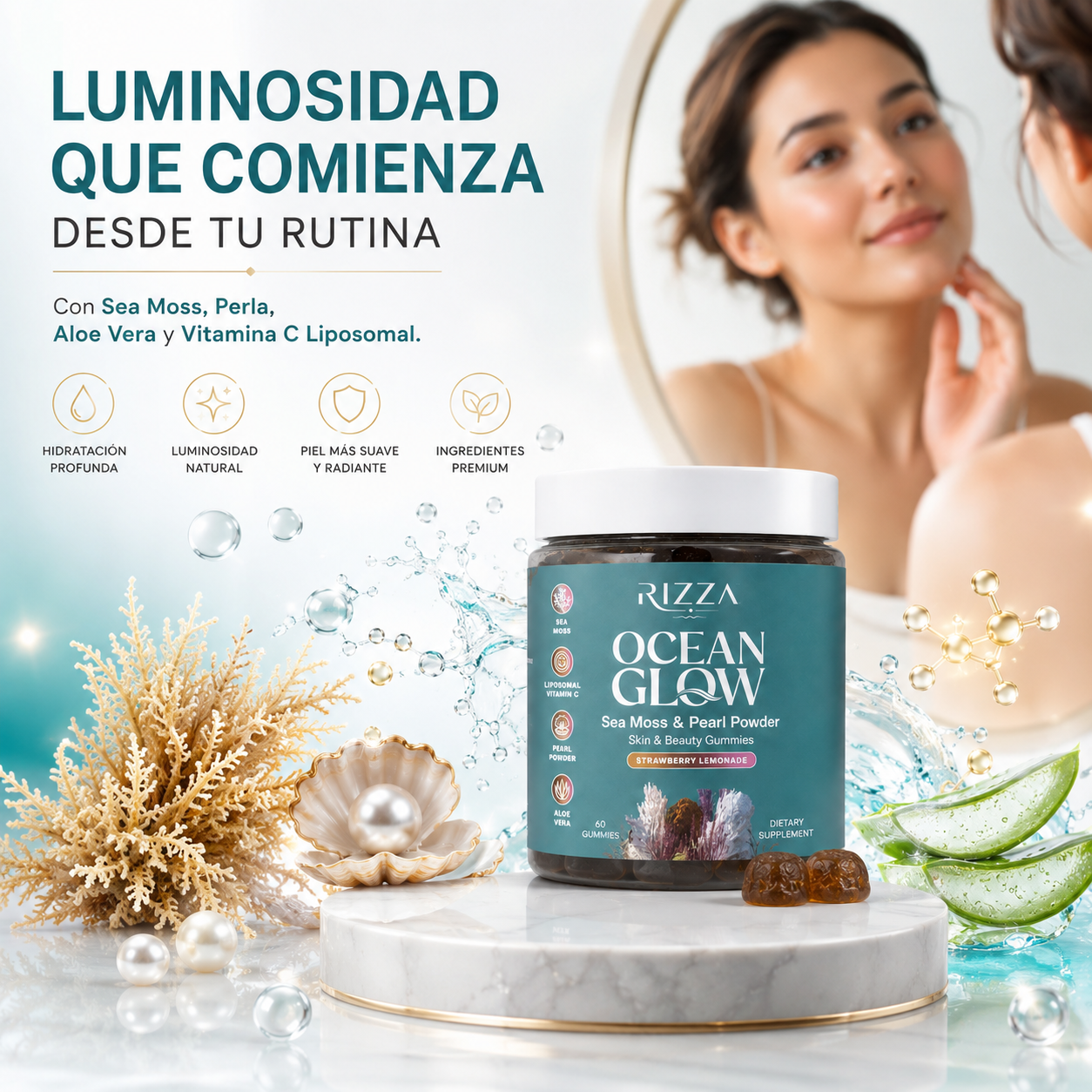 Ocean Glow | Musgo Marino Irlandés, Polvo de Perla y Vitamina C Liposomal | 60 Gomitas