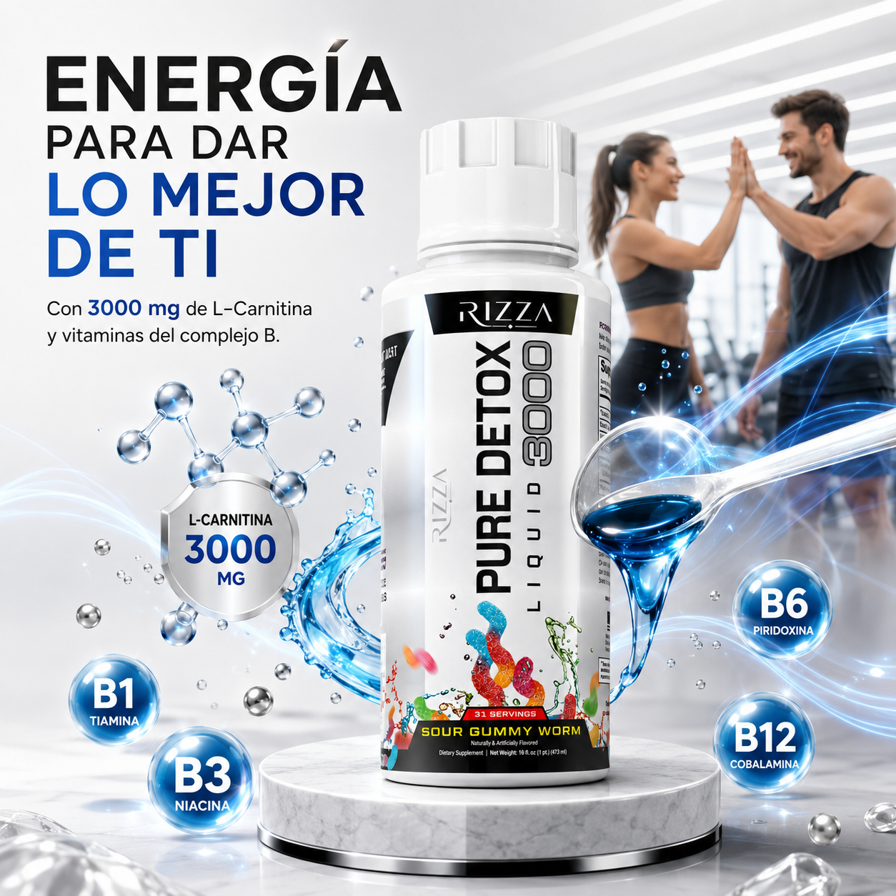 Pure Detox Liquid 3000 | Triple L-Carnitina 3000 mg para Energía y Metabolismo | 31 Porciones