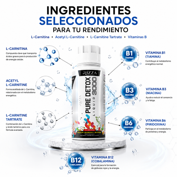 Pure Detox Liquid 3000  Triple L-Carnitina 3000 mg para Energía y Metabolismo  31 Porciones