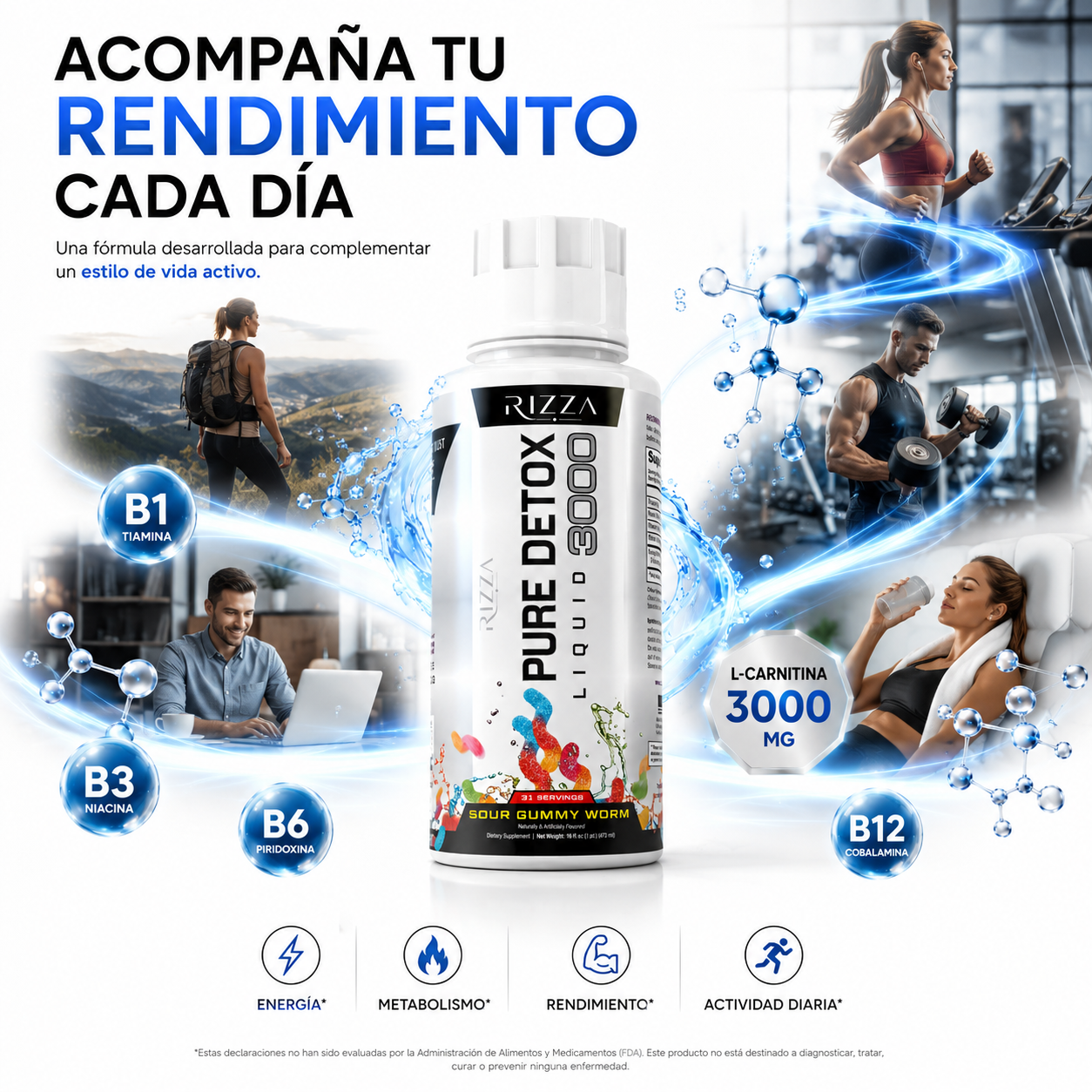 Pure Detox Liquid 3000 | Triple L-Carnitina 3000 mg para Energía y Metabolismo | 31 Porciones