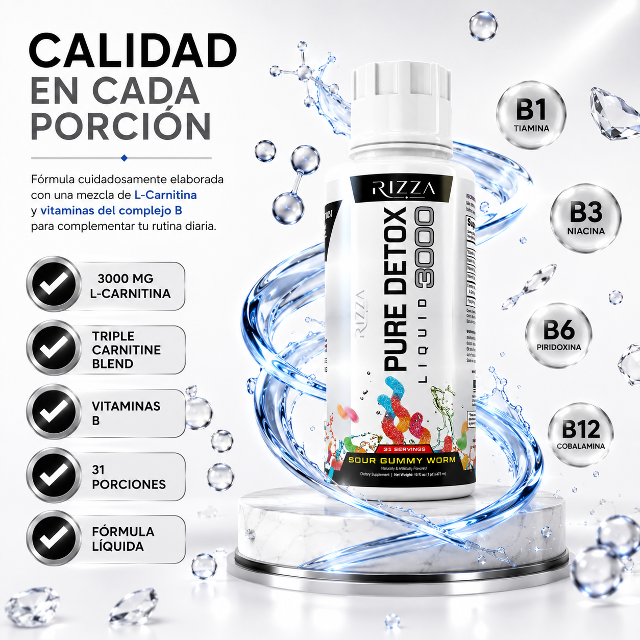 Pure Detox Liquid 3000 | Triple L-Carnitina 3000 mg para Energía y Metabolismo | 31 Porciones