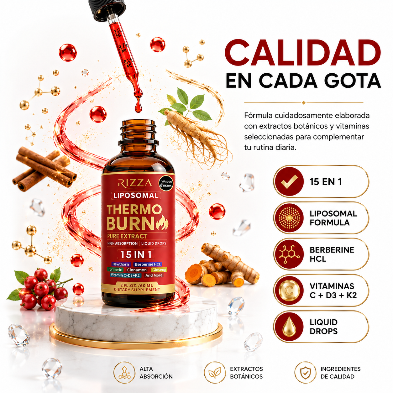 Thermo Burn Liposomal | Fórmula 15 en 1 con Berberina, Curcumina y Cayena | 60 ml (2 fl oz)