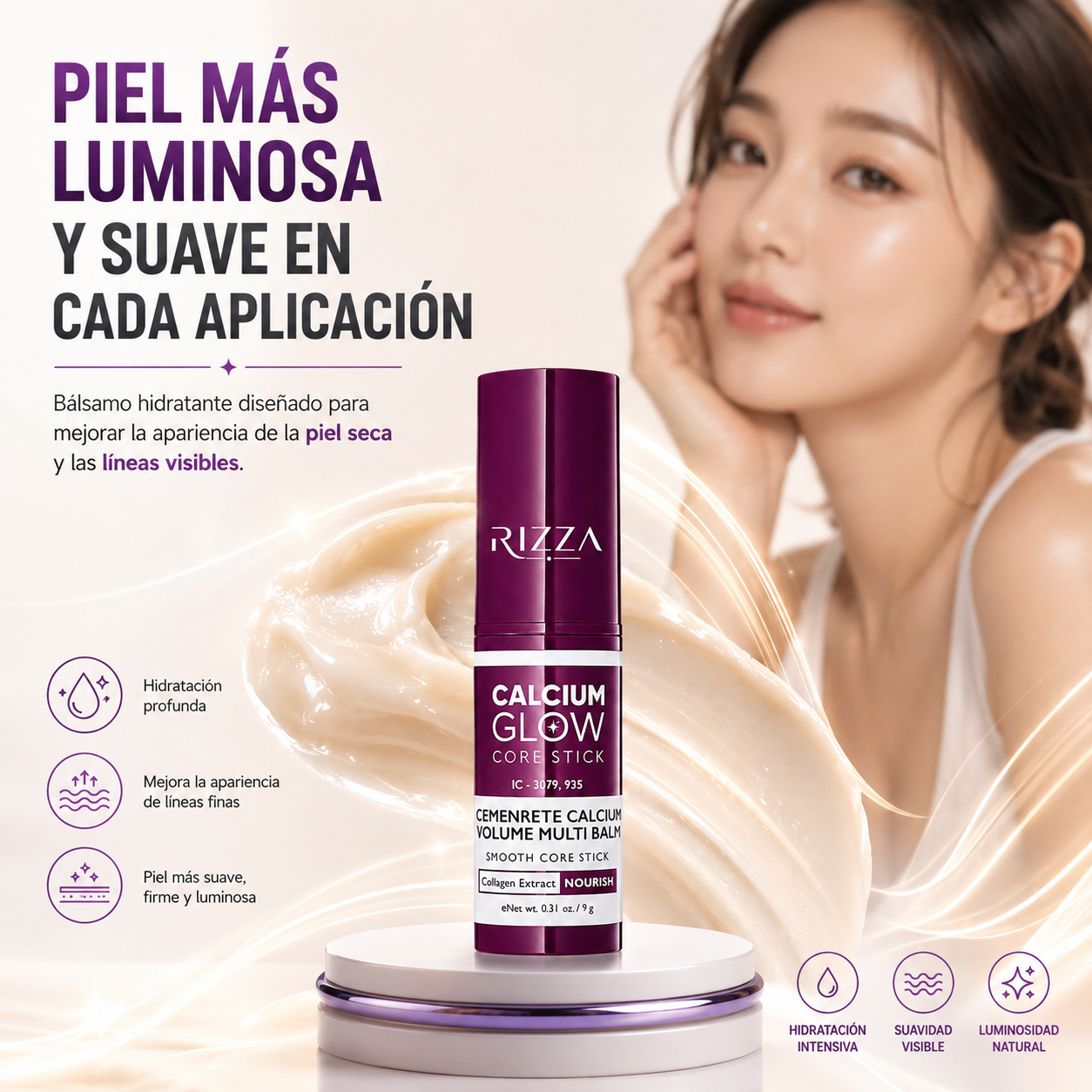 Calcium Glow Core Stick | Bálsamo Facial con Colágeno para Arrugas y Contorno de Ojos | 9 g
