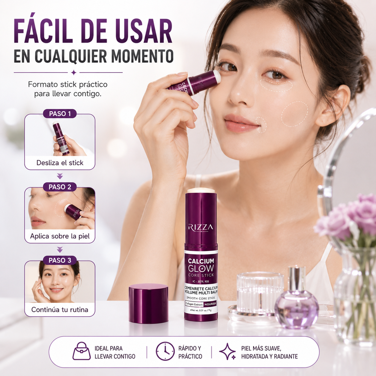 Calcium Glow Core Stick | Bálsamo Facial con Colágeno para Arrugas y Contorno de Ojos | 9 g