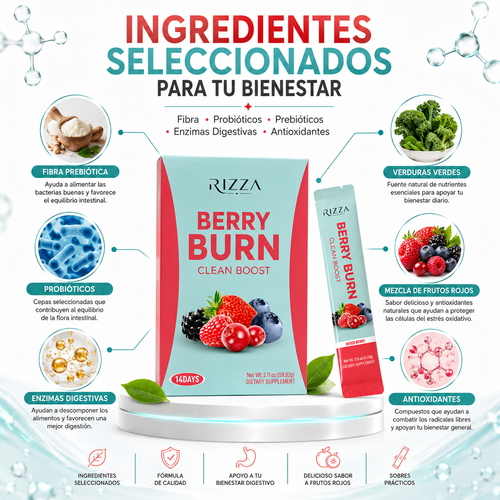 Berry Burn Clean Boost | Probióticos, Enzimas Digestivas y Fibra | 14 Sobres
