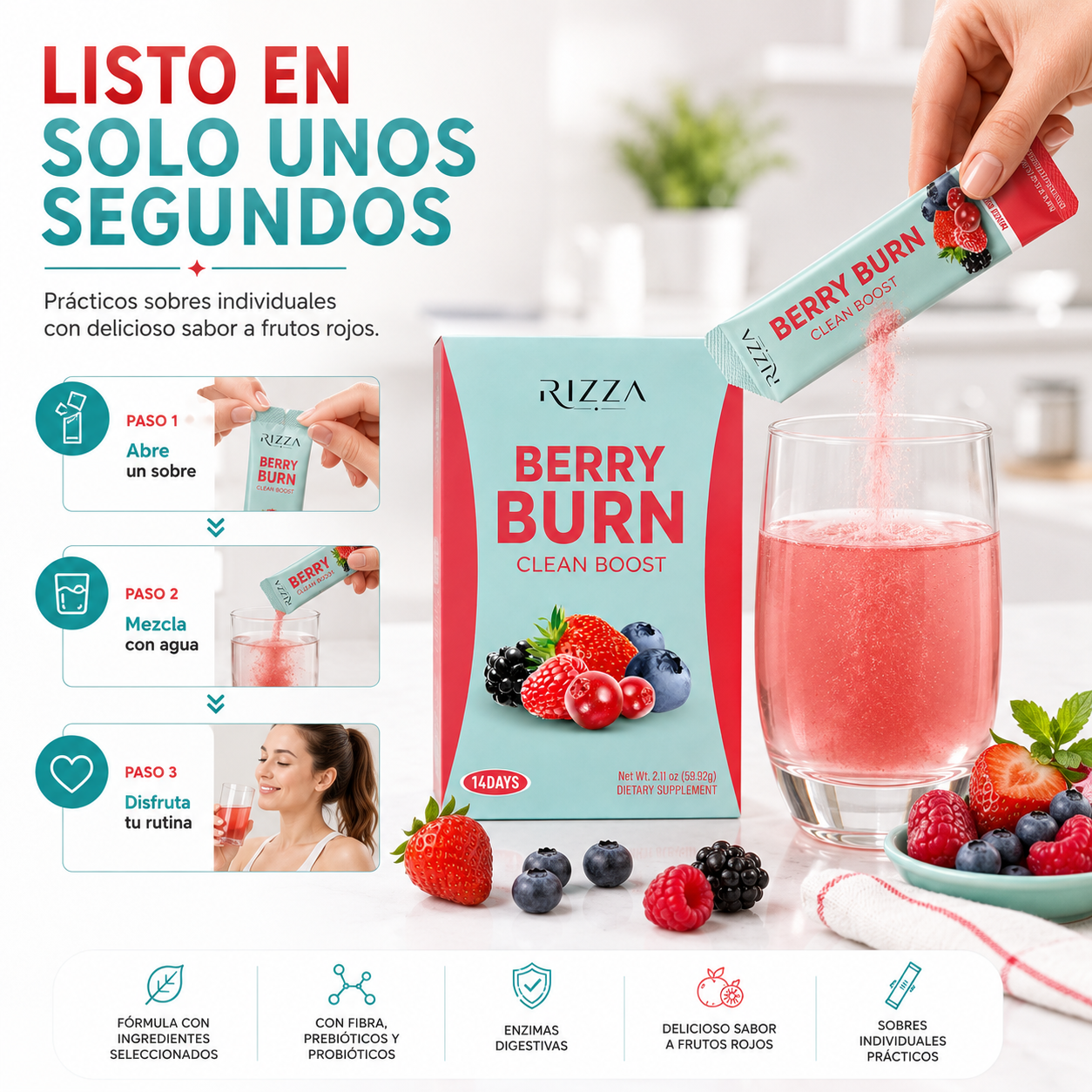 Berry Burn Clean Boost | Probióticos, Enzimas Digestivas y Fibra | 14 Sobres