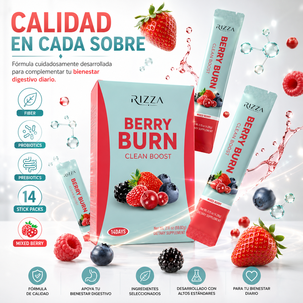 Berry Burn Clean Boost | Probióticos, Enzimas Digestivas y Fibra | 14 Sobres