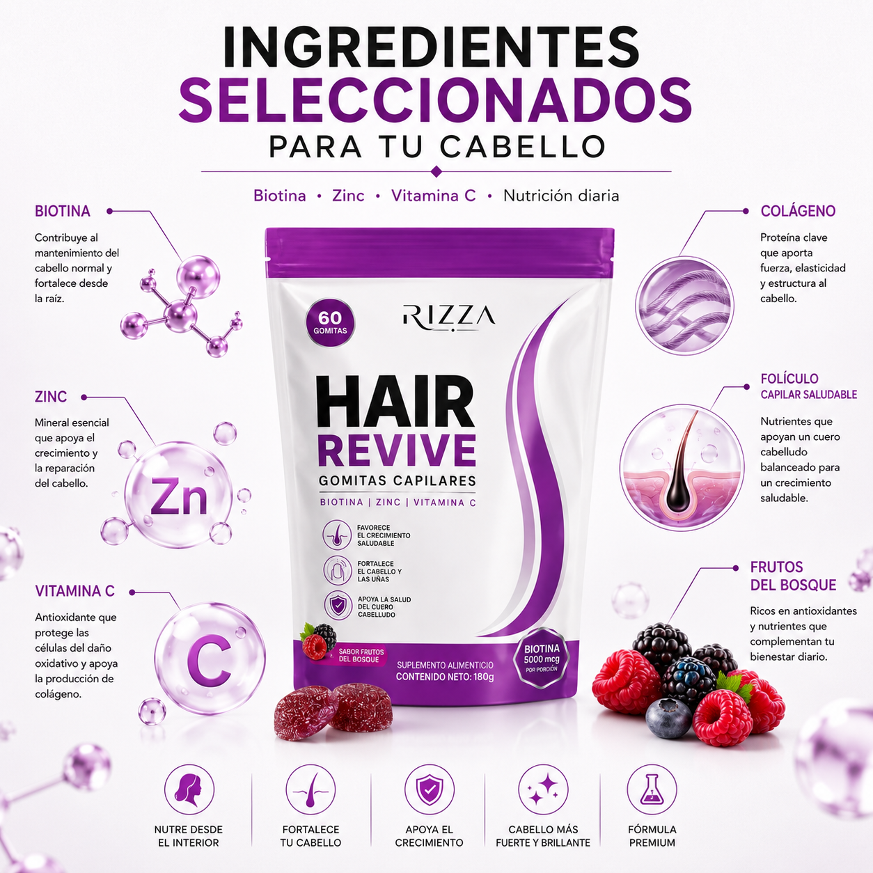 Hair Revive | Biotina 5000 mcg, Zinc y Vitamina C | 60 Gomitas