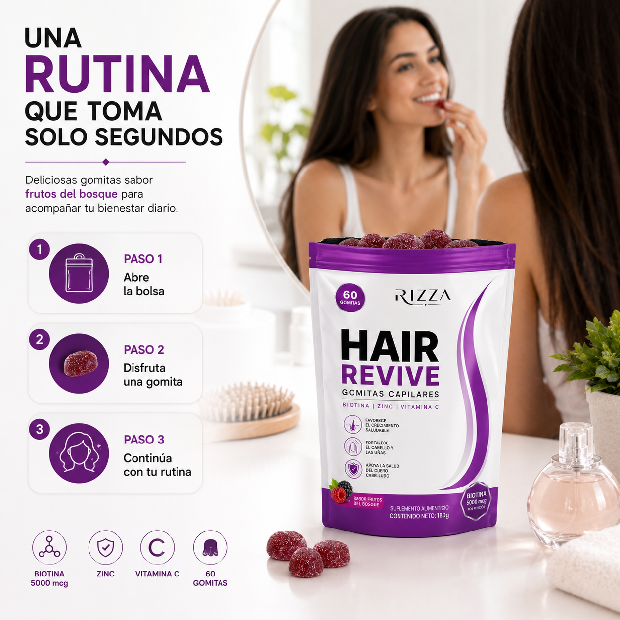 Hair Revive | Biotina 5000 mcg, Zinc y Vitamina C | 60 Gomitas