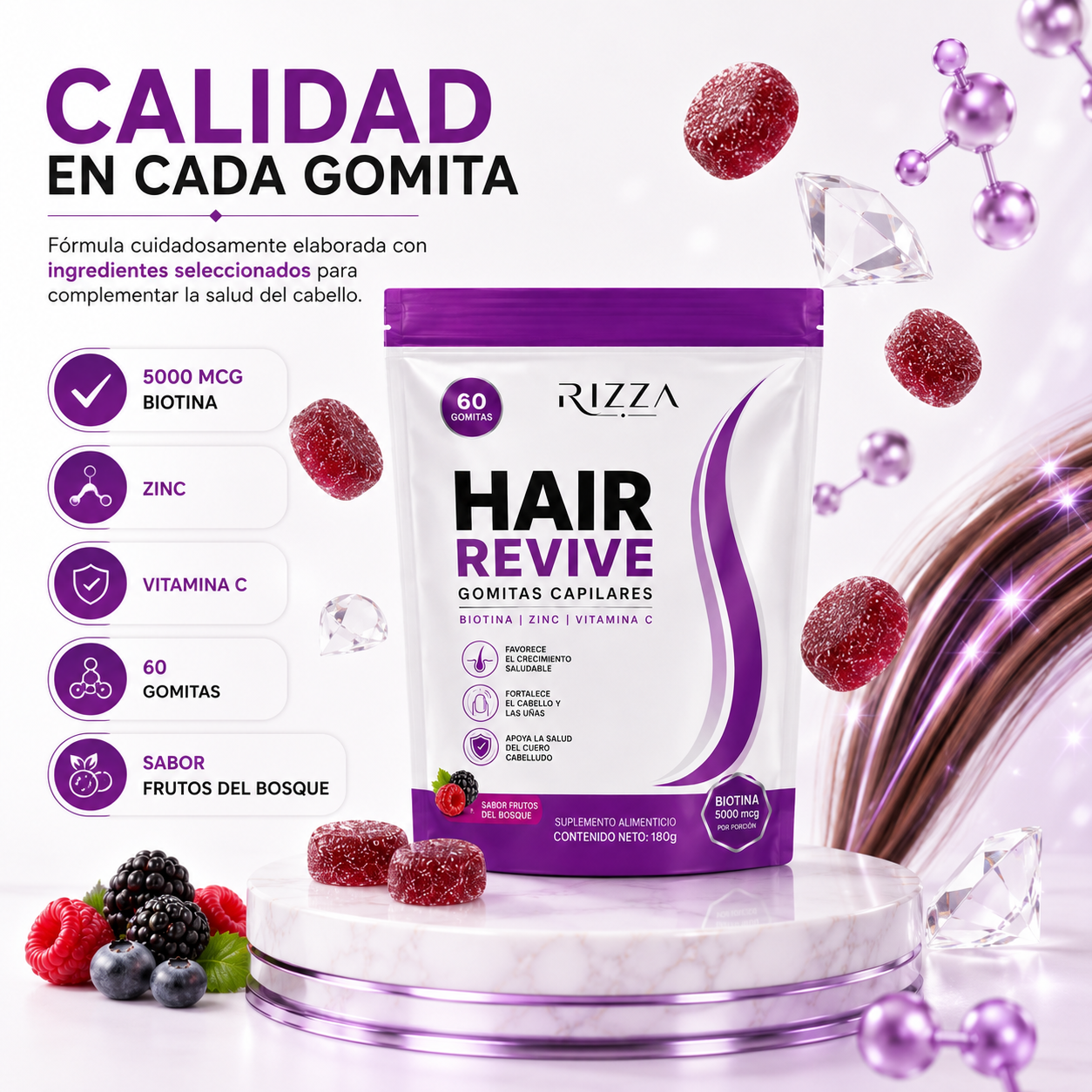 Hair Revive | Biotina 5000 mcg, Zinc y Vitamina C | 60 Gomitas